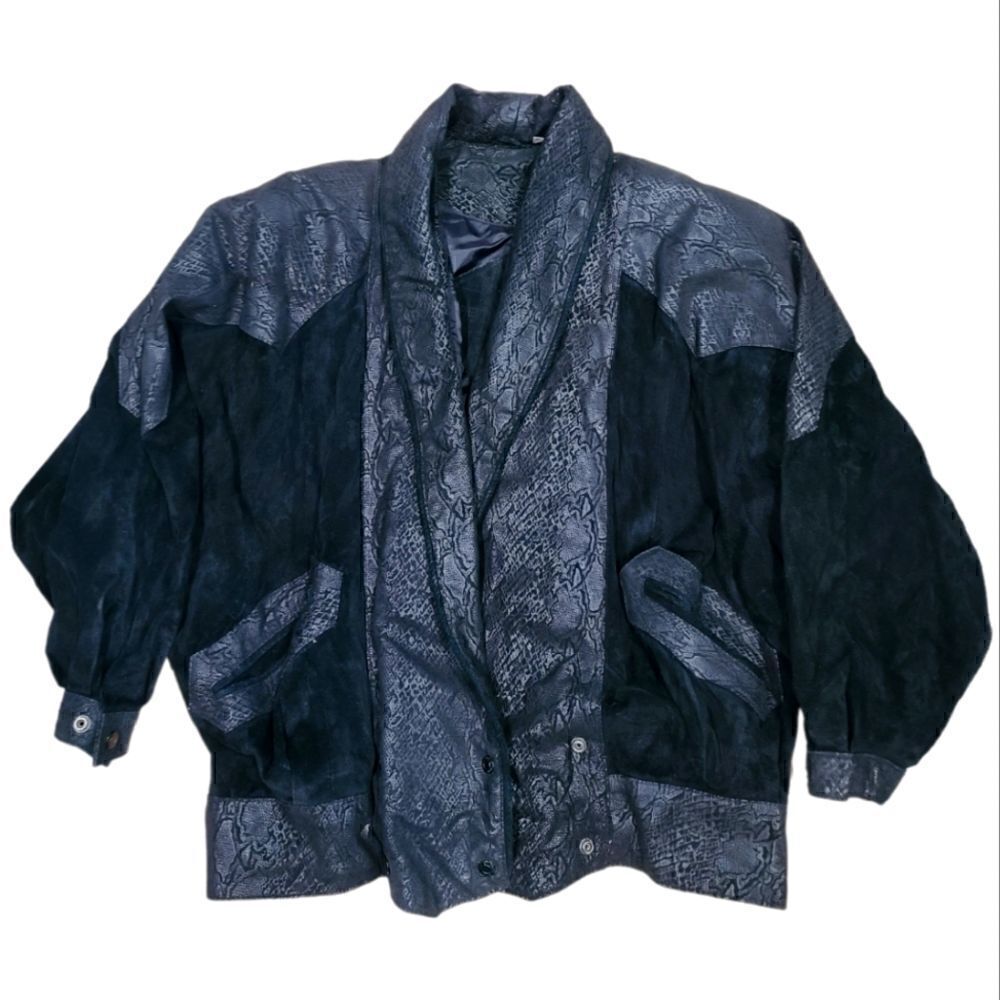 Vintage 80s Black Leather Jacket with Snakeskin print trim by Preston & York